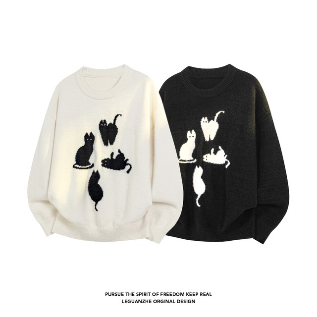 ✿おサボり猫のセーター！【BIGEMANシリーズ】★セーター★ ユニセックス 2color ニットトップス メンズ カジュアル