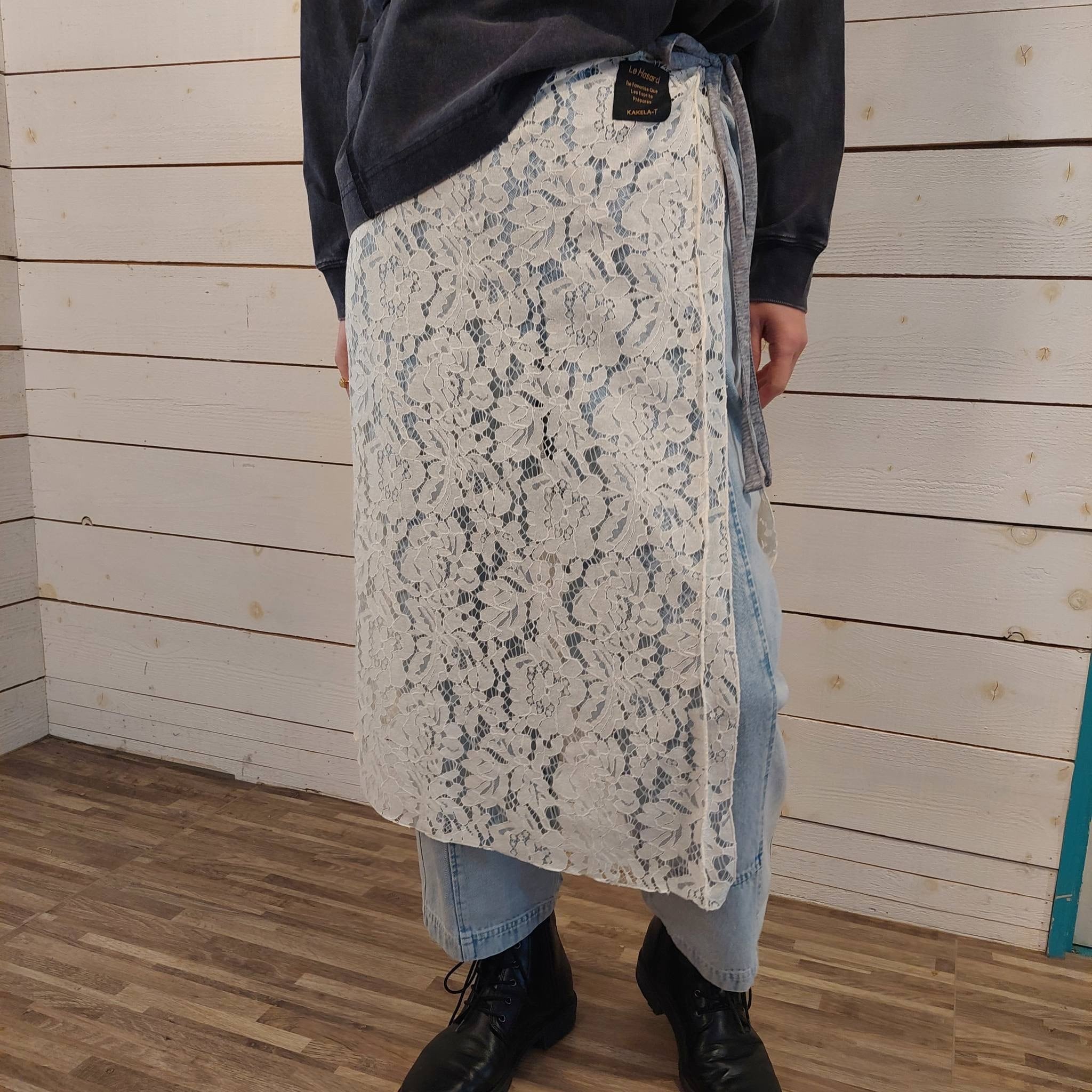 『People's』374-10 KAKELA レース巻きスカート　レース×杢フライス　ウエスト紐