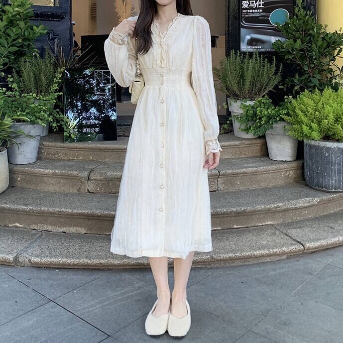 ワンピース レディース 膝下 ミモレ ミモレ丈 ミディアム丈 長袖 Vネック レース かわいい 大人可愛い きれいめ 上品 エレガント 清楚 フェミニン お洒落 綺麗 こなれ感 ラブリー キュート ガーリー ロマンチック 華やか 送料無料 存在感 無地 学生 通学 デート お出かけ 女子会 休日 S M アプリコット 春 夏 10代 20代 30代 40代 韓国 韓国系 着回し 普段使い 体型カバー ファッション コーデ スタイル プチプラ トレンド 流行 インスタ映え