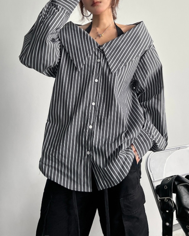 Wide Collar Off Shoulder Stripe Shirt［A0523］