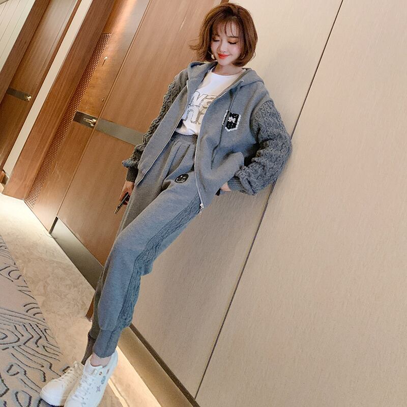 ニットジッパーフードセーター パンツ カジュアルオータムウィンター 秋物 冬物 ステッチ MIUCO35018644716