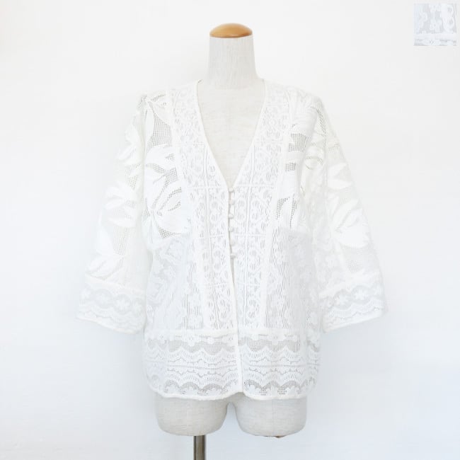 WHYTO. (ホワイト) カーディガン レースコンビ Vネック ドロップショルダー 7分袖 WHT26HBL4089