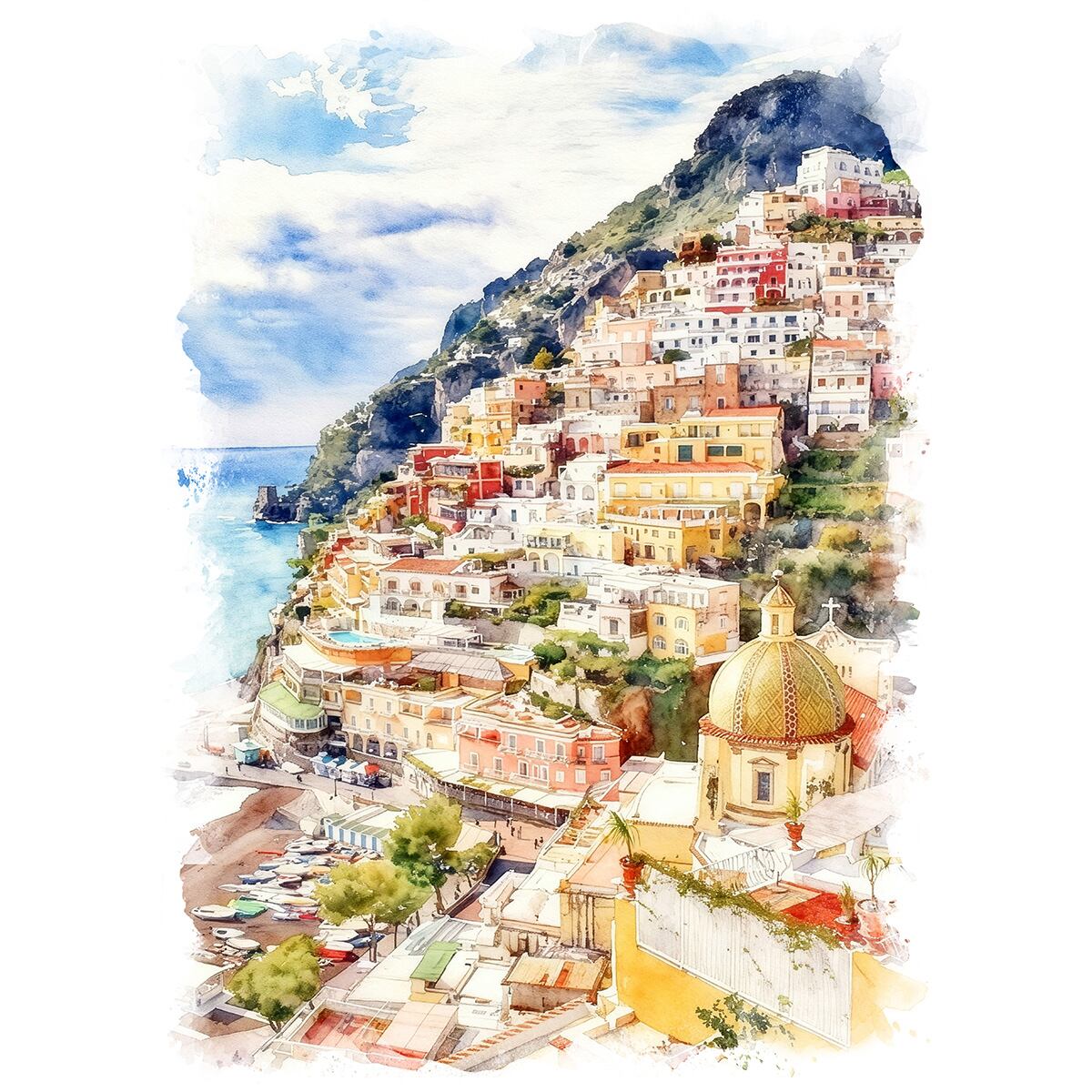 絵画 風景画 イタリア アマルフィ ポジターノ インテリアアート額付き 水彩画風 WAT1660