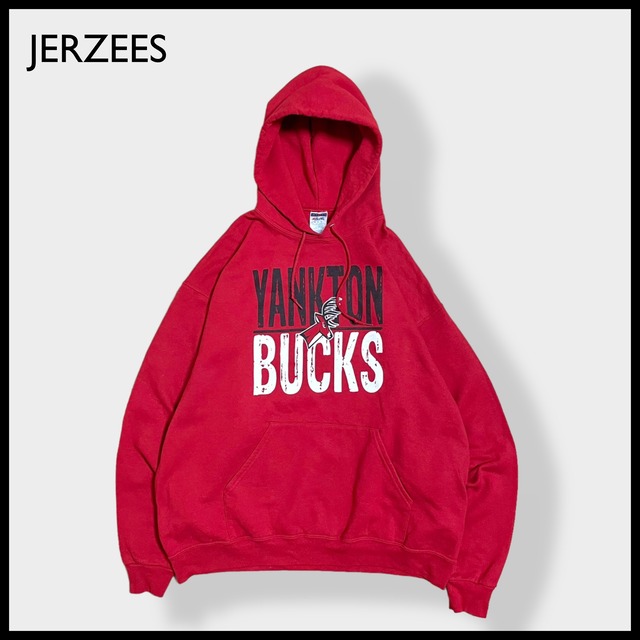 【JERZEES】高校 バスケ部 YANKTON BUCKS プリント ロゴ スウェット パーカー フーディー hoodie プルオーバー XL ビッグシルエット 赤 us古着