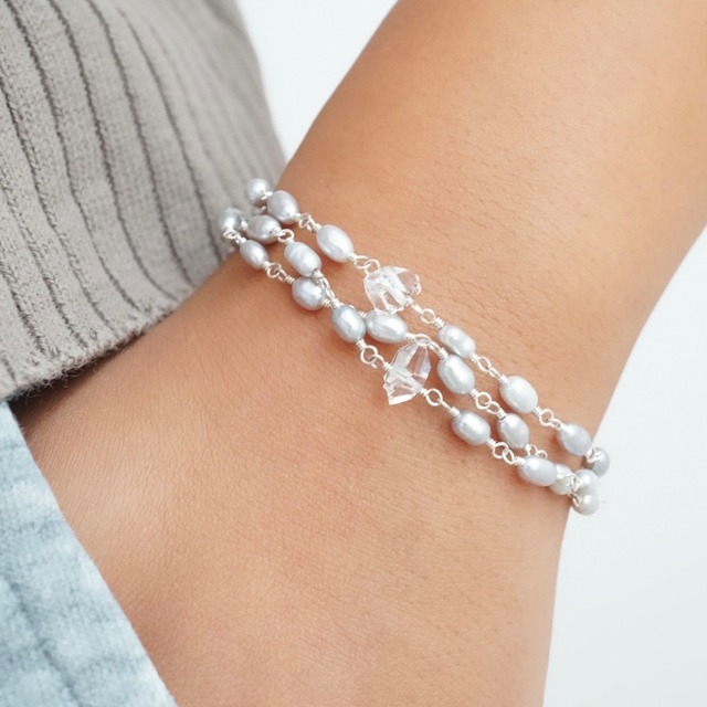 【3wayブレスレット】「淡水パール×ハーキマーダイヤモンド」ネックレス アンクレット 天然石 14kgf silver925