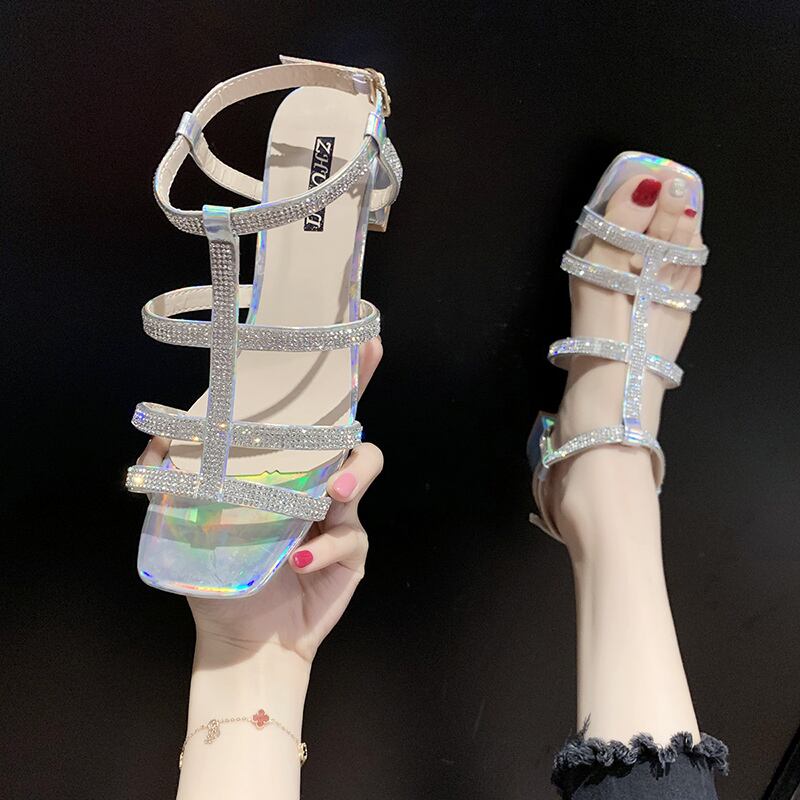 ローマの靴の潮で人格ネット赤いファッションセクシーな言葉で厚いサンダル女性2020新しい夏のラインストーンオープンつま先 部族の婦人靴7295702
