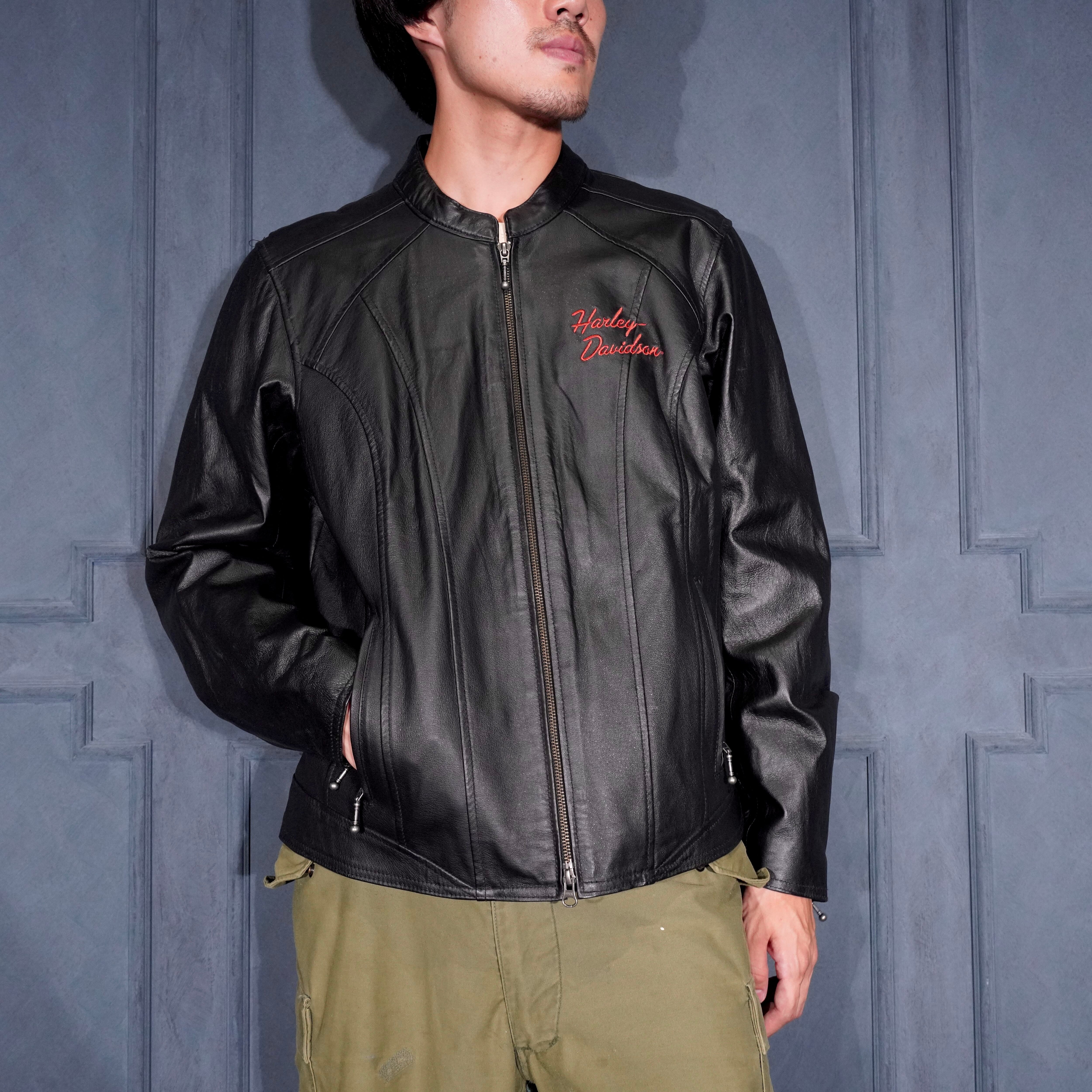 極美品/圧巻の刺繍ロゴ★ハーレーダビッドソン ブルゾン ジャケット USA VINTAGE HARLEY DAVIDSON LOGO EMBROIDERY DESIGN ZIP UP LEATHER