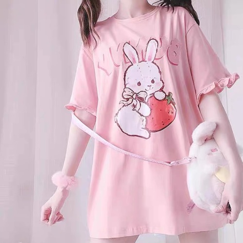 ゆめかわ♡イチゴとウサギのピンクTシャツ　tops22