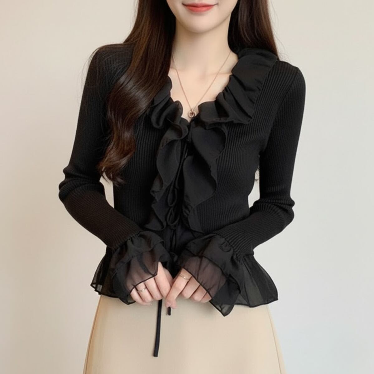 Frill Trim V-Neck Rib-Knit ch0214