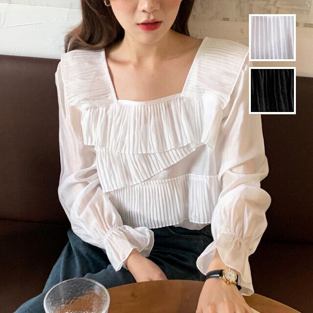 レディース ブラウス シャツ トップス アシンメトリー プリーツ長袖 パフスリーブ スクエアネック ビッグカラー プルオーバー ホワイト ブラック