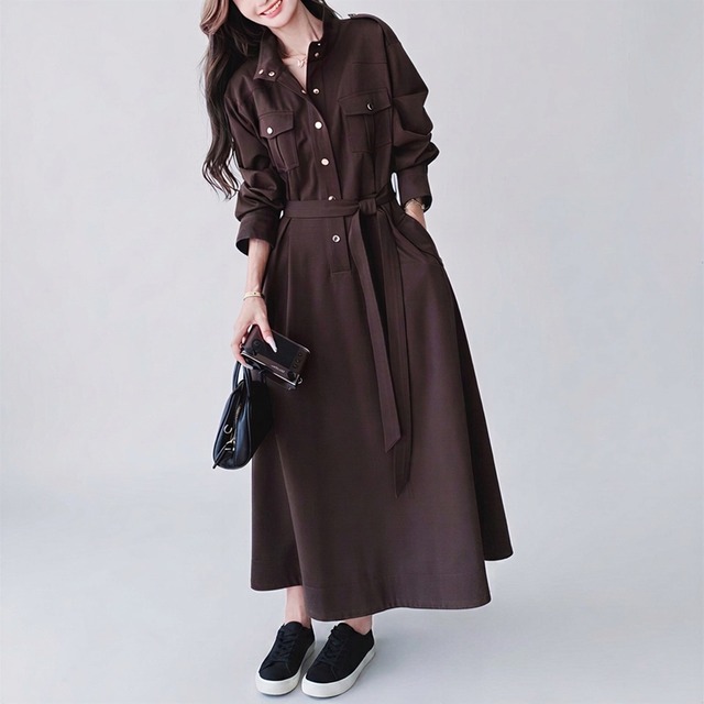 ボタンフロント　長袖ロングシャツワンピース　S0357 　