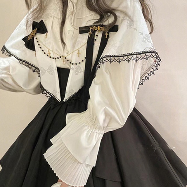 ゴスロリ通販 With U ゴシック ロリィタ  王子 皇子系 オールインワン 3点セット割り シャツ コルセット レイヤードスカート リボン付属 ピエロ袖 princess かわいい elegant 服