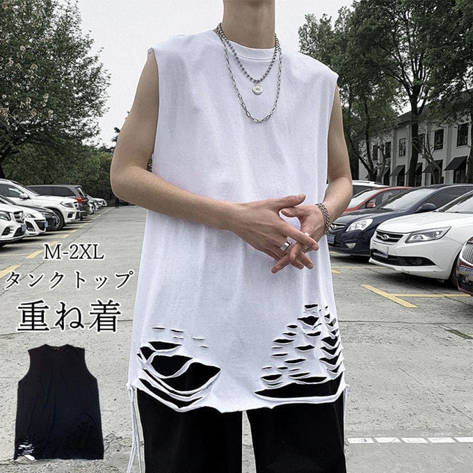 メンズ カットソー 黒 長袖Tシャツ ダメージ オーバーサイズ 韓国