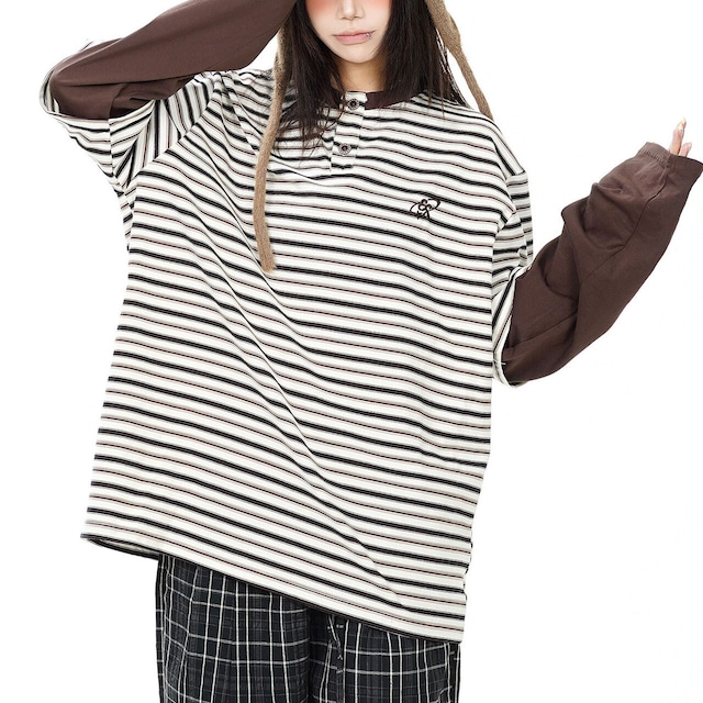 レイヤードスリーブボーダーヘンリーネックTシャツ 2col R02479