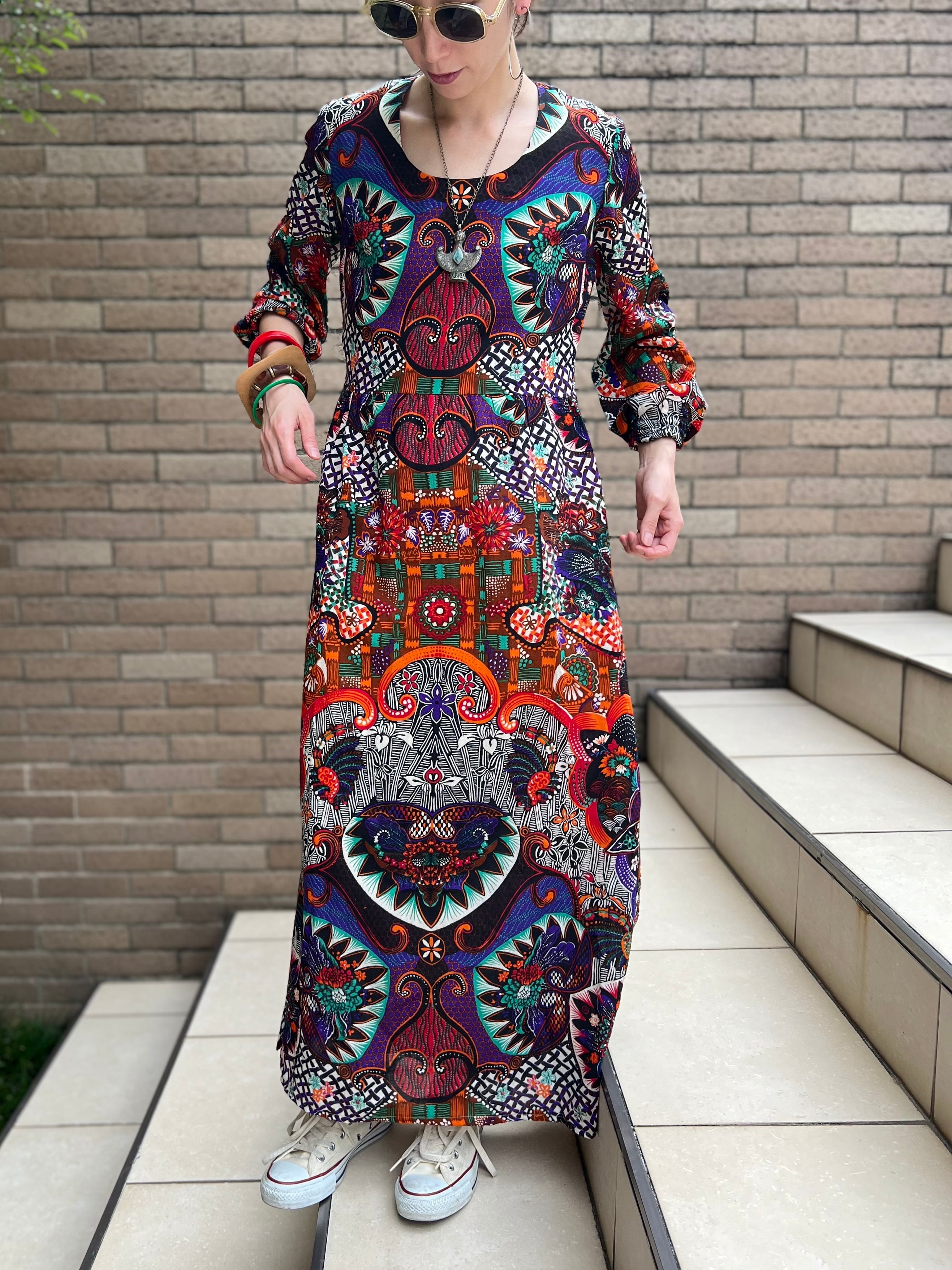 70s mix print poly dress ( ヴィンテージ ミックス柄 ポリ ワンピース  