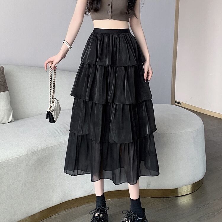 スカート レディース 4色 ロングスカート フレアスカート チュール ティアード レイヤード 切り替え ミモレ丈 Aライン ウエストゴム かわいい 大人可愛い きれいめ フェミニン おしゃれ お洒落 おとな ナチュラル キュート ガーリー 学生 通学 デート お出かけ 女子会 旅行 アプリコット ブラック ホワイト グリーン 春 夏 秋 冬 10代 20代 30代 韓国系 着回し 普段使い 重ね着 体型カバー コーデ 韓国ファッション フレンチファッション キュート S M L XL 送料無料