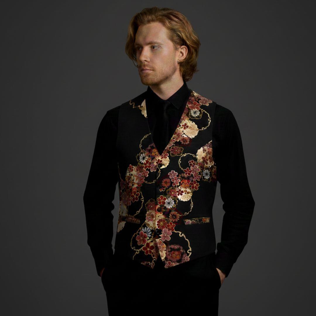 桜金輪紋様 ユニセックス和柄スーツベスト | Baroque Japanesque