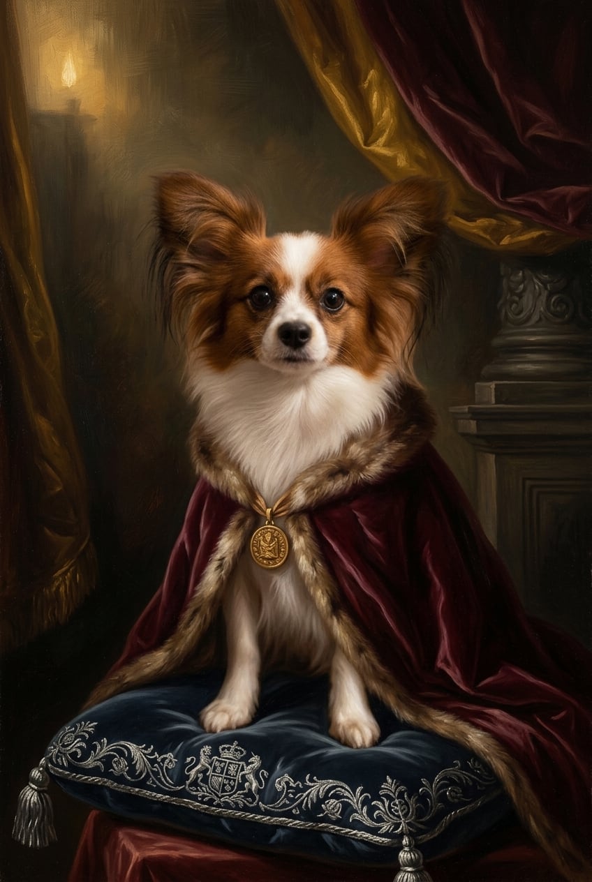 ヒルヤード「犬」油彩画 油絵 キャンバス 英国洋画 額装 インテリア #503 犬（パピヨン）のルネサンス風肖像画 油絵風アートA3額装インテリア