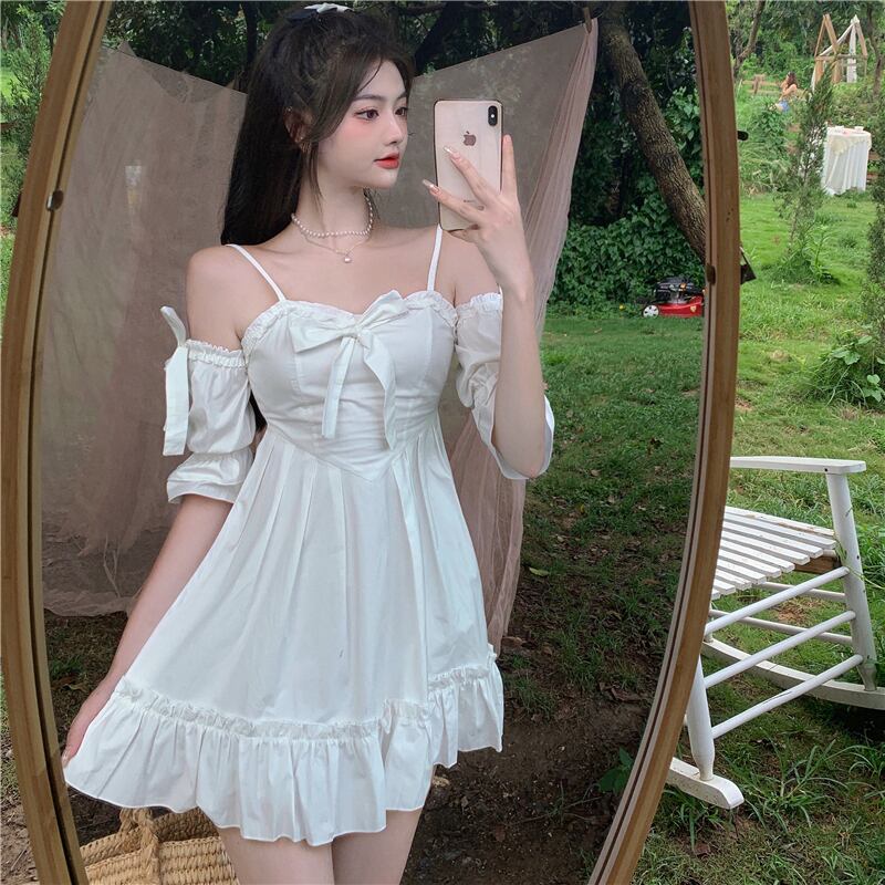 ドレス サマーホワイトAラインショートスカート リボン 夏物 ドラファッションホール37053511922