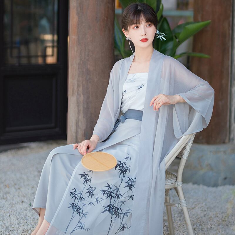 韓国 セットアップ チャイナ風 半袖シャツ 竹柄 ロングスカート 之x池夏】☆チャイナ風セットアップ・竹煙☆ブルー チャイナ風