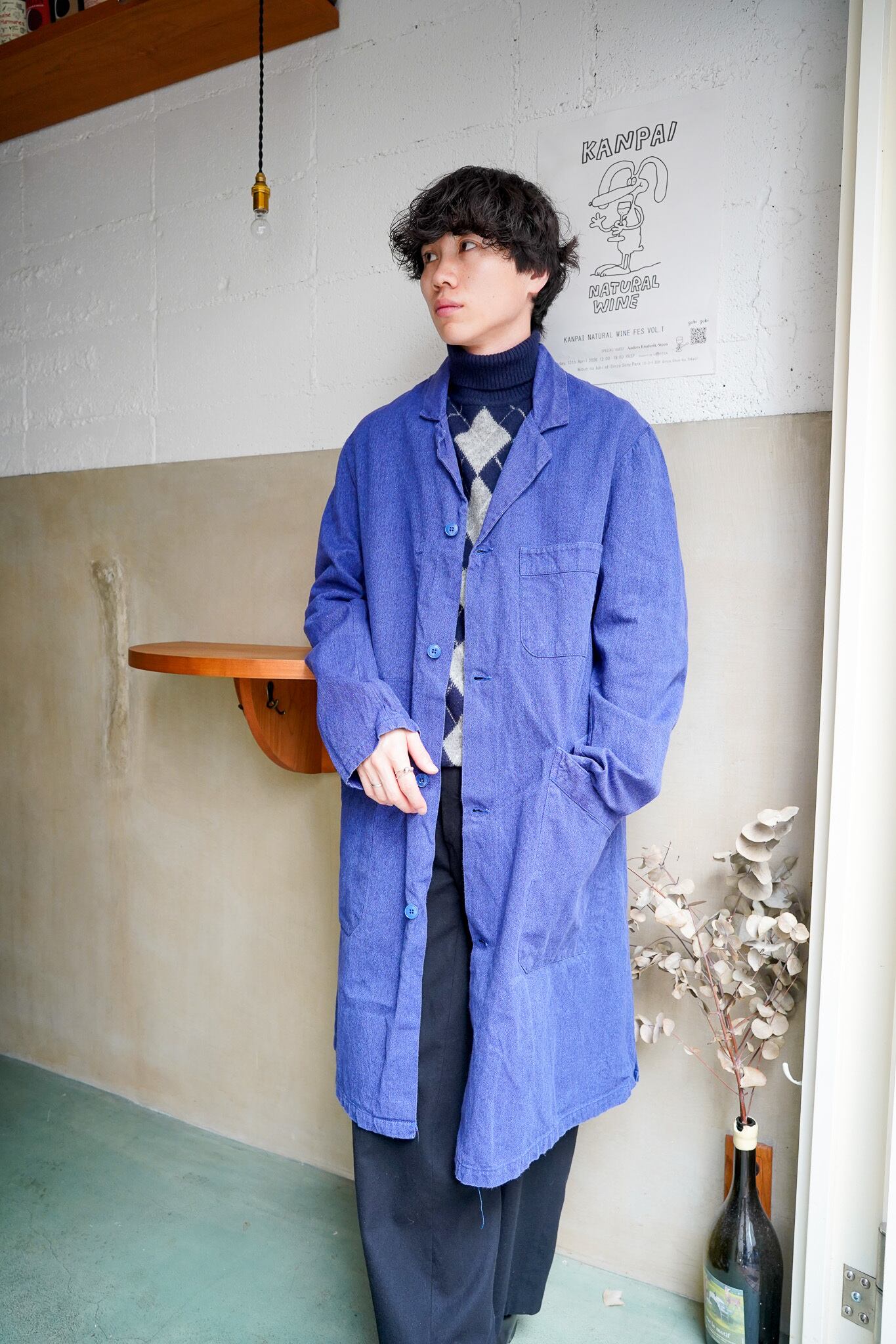 【1960s】"Blue Chambray" French Work Atelier Coat / 6-356