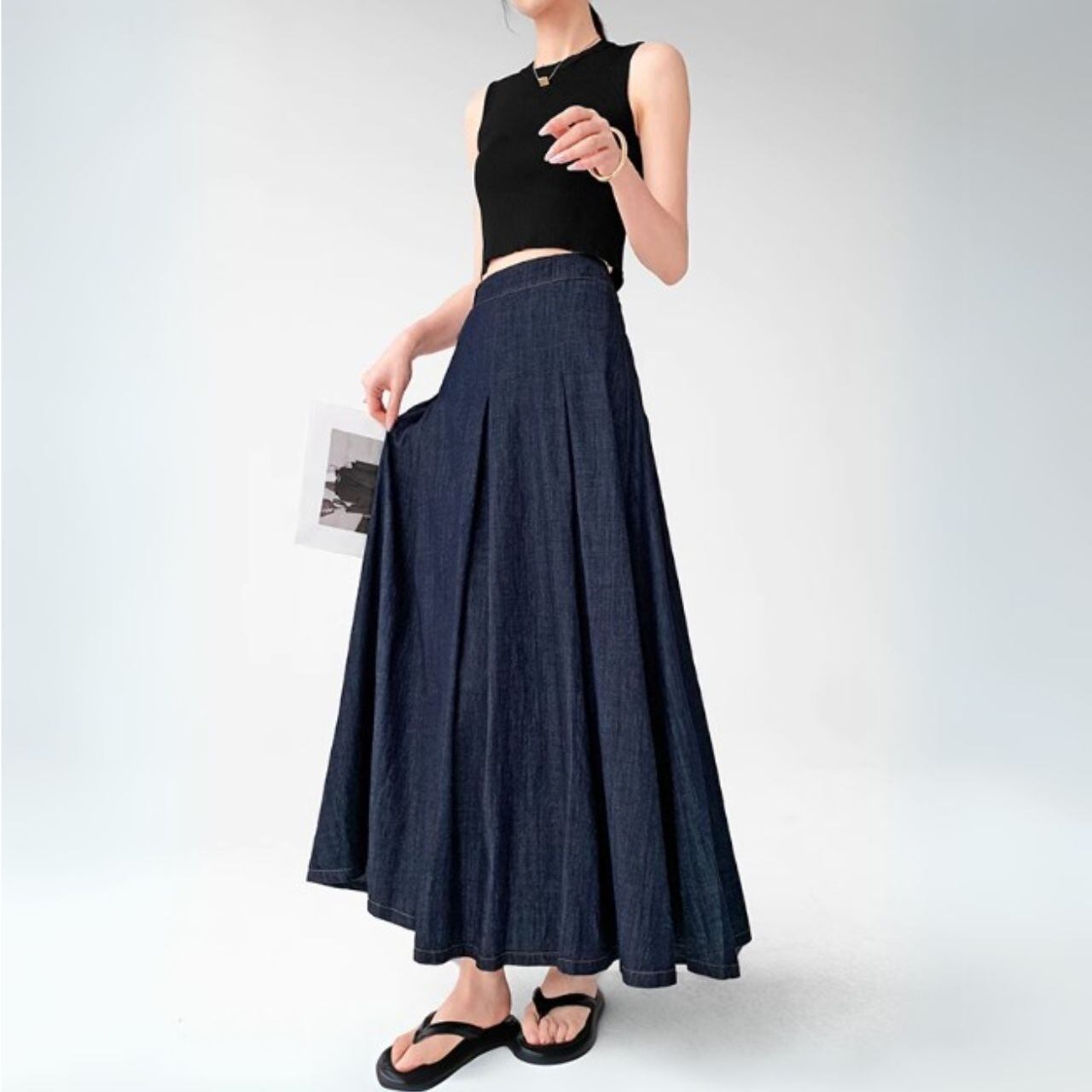 センタープレスデニムフレアロングスカート 00647