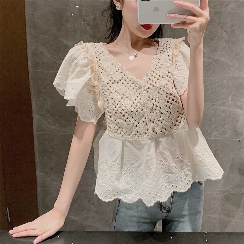 シャツデザインセンスニッチライトおなじみの新しいサマードレスフライングスリーブVネック蓮の葉レース中空トップ 1号婦人58666703696