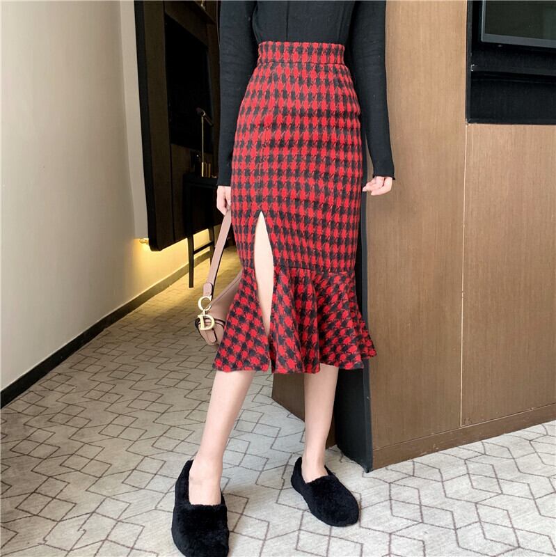 オータムウィンターツィードレッド格子柄スカート レディース 秋物 冬物 ドラファッションホール70245400668