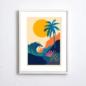 Sunset Palm Wave|夕日とヤシが描く南国リゾートアートポスター|波と太陽の彩りで空間を非日常に|北欧モダン|A4ポスター