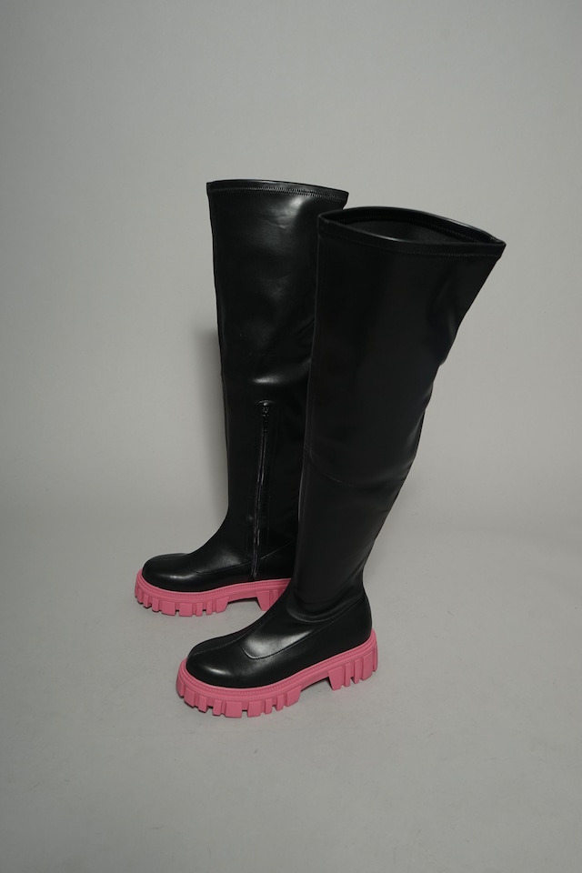 PINK RUBBER SOLE KNEE HIGH BOOTS (BLACK) 2312-04-50