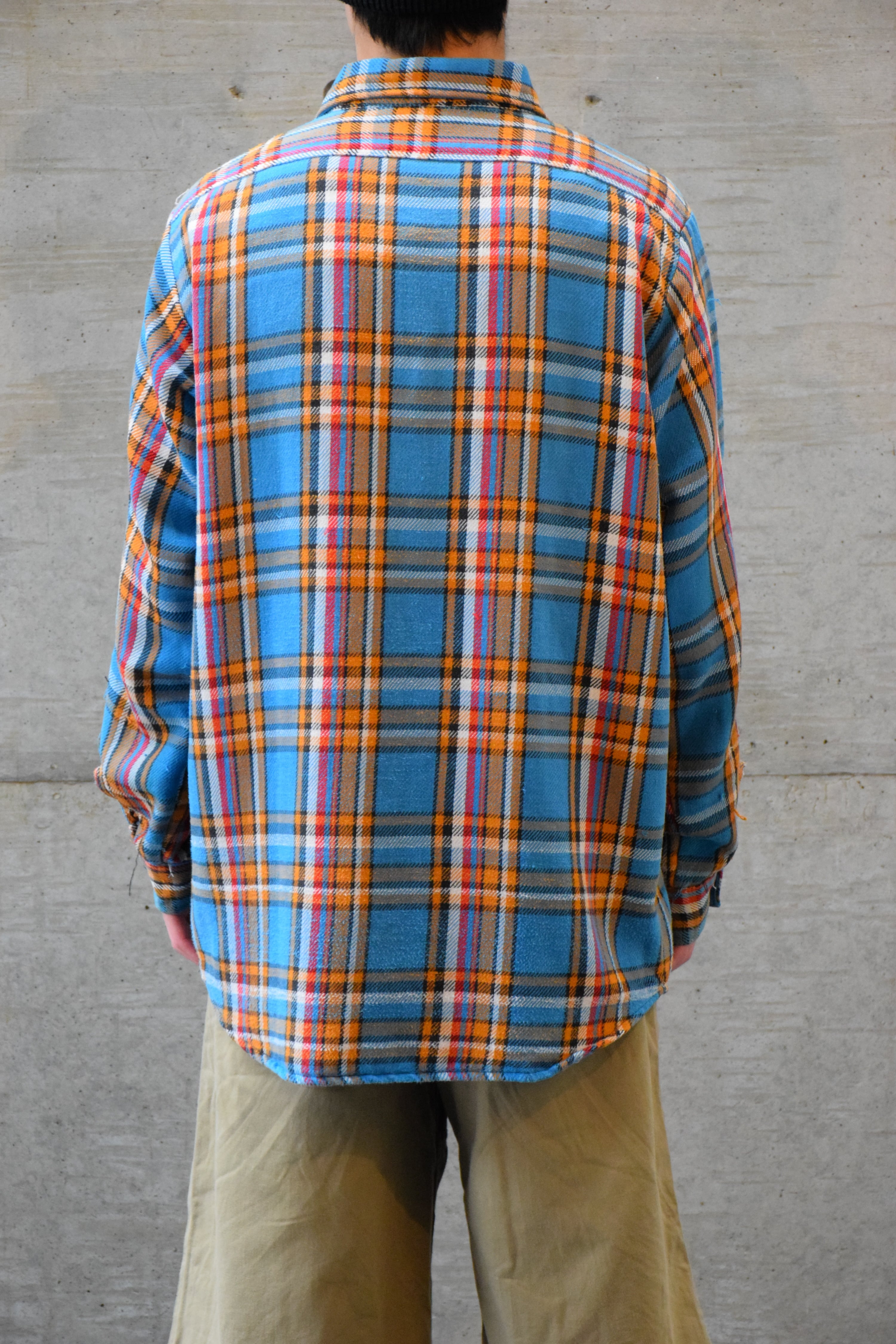 60's FIVE BROTHER ネルシャツ メンズL ブルー×オレンジ ヘビネル