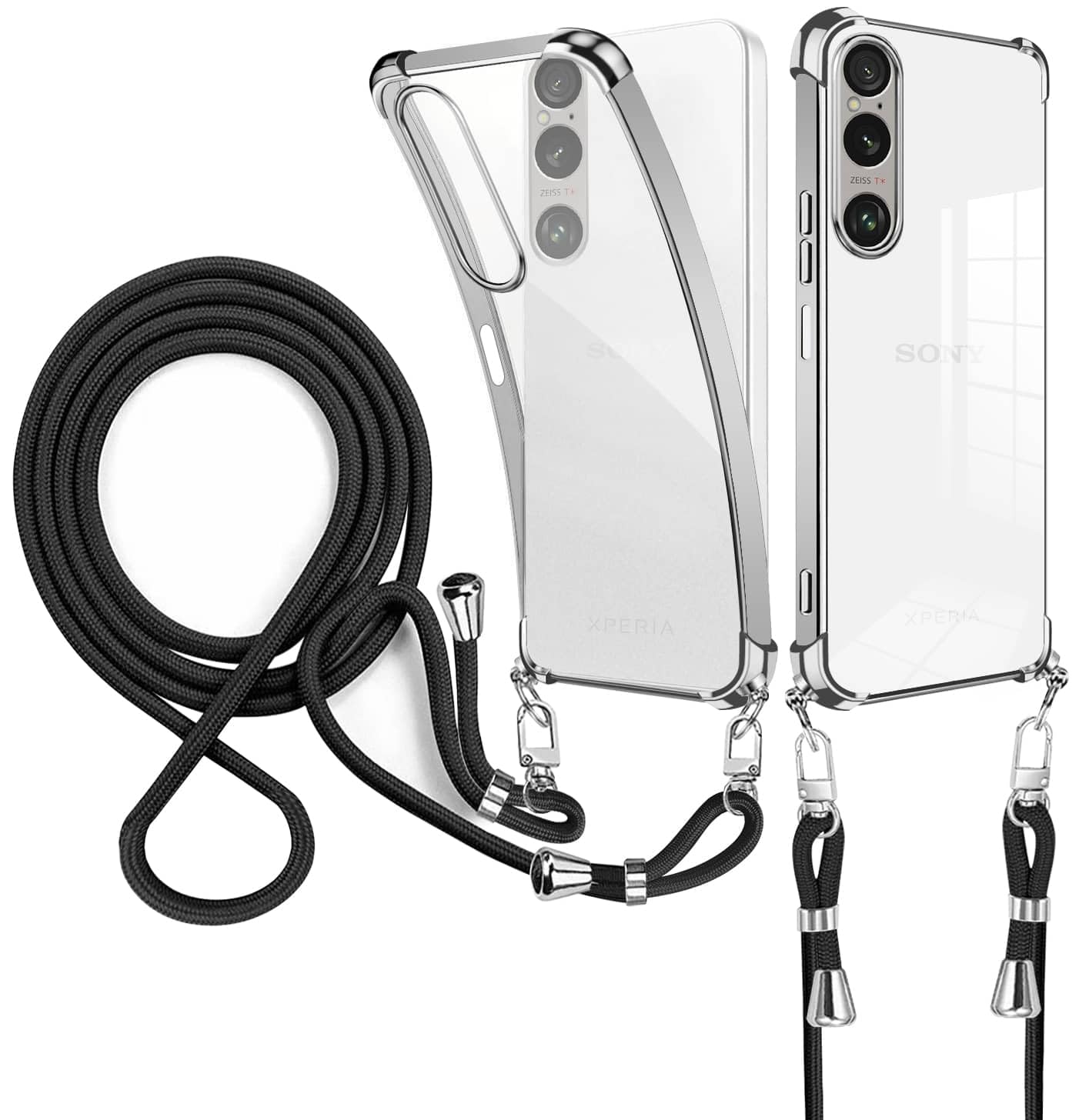 weiaoluo SONY Xperia 1 VII ケース クリア ショルダー SO-51F/SOG15 携帯 カバー耐衝撃 エクスペリア1 VII カバー xperia1 vii スマホケース 肩掛け 斜めかけ 縄掛けケース 透明 TPU Xperia1 VII ソニー携帯ケース 薄型 軽量 紐付き 織りストラップ付き ネック 取り外し可能 四隅强化保護 バンパー(シルバー)