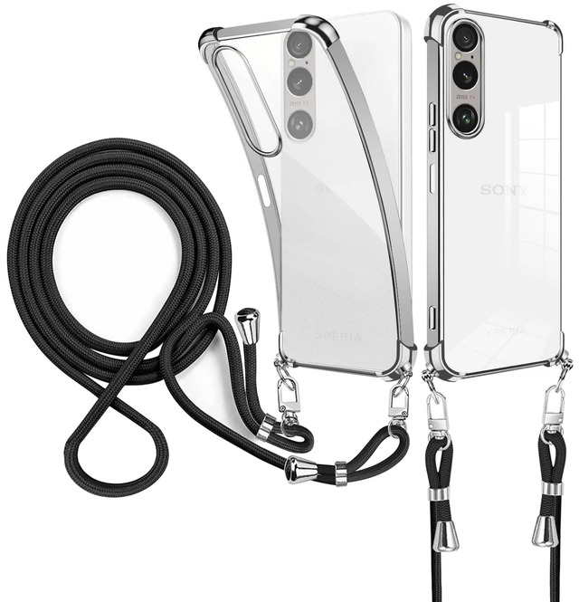 weiaoluo SONY Xperia 1 VII ケース クリア ショルダー SO-51F/SOG15 携帯 カバー耐衝撃 エクスペリア1 VII カバー xperia1 vii スマホケース 肩掛け 斜めかけ 縄掛けケース 透明 TPU Xperia1 VII ソニー携帯ケース 薄型 軽量 紐付き 織りストラップ付き ネック 取り外し可能 四隅强化保護 バンパー(シルバー)