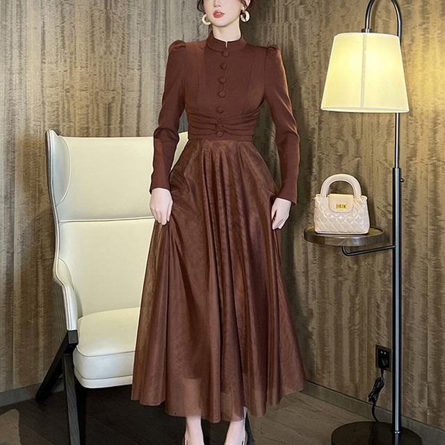 【夕暮薔薇シリーズ】ワンピース レトロ メッシュ 長袖 ブラウン S M L XL