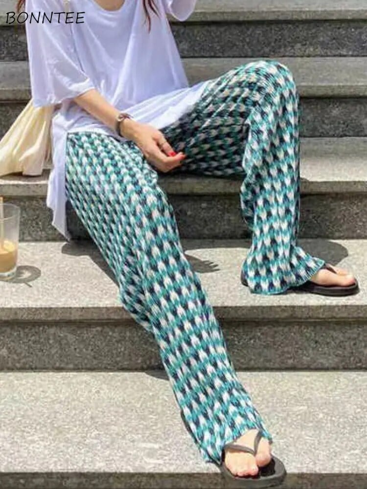 【新作】【送料無料】 S-3XL パンツ女性春チェック柄ひだワイドレッグハイウエストスタイリッシュなオールマッチ美的レディースだぶだぶカジュアル Брюки Женские オル 026781182848