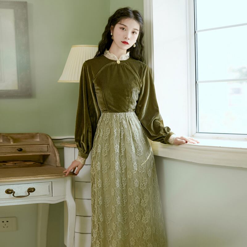 チャイナ風ワンピース ロング丈ワンピース 改良唐装 改良漢服 チャイナ風服 中華服 改良型チャイナドレス 普段着 S M L 女子会 同窓会 切り替え ベルベット レース グリーン 緑 可愛い スウィート Dresszone