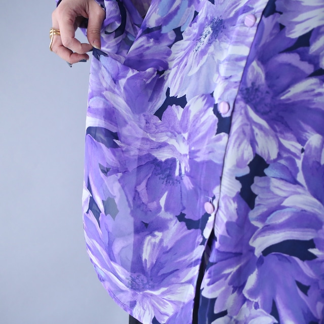 violet beautiful flower art pattern over silhouette see-through shirt