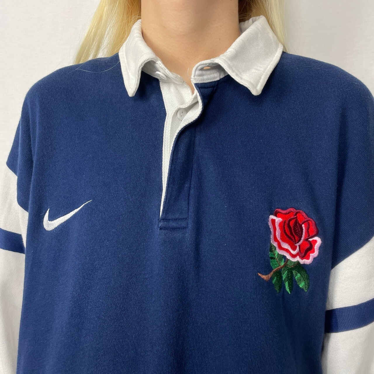 NIKE ナイキ 切り替え 薔薇刺繍 長袖 ポロシャツ ラガーシャツ メンズ 