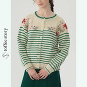 花と蝶の刺繍が咲くストライプニットカーディガン 《Y0411》
