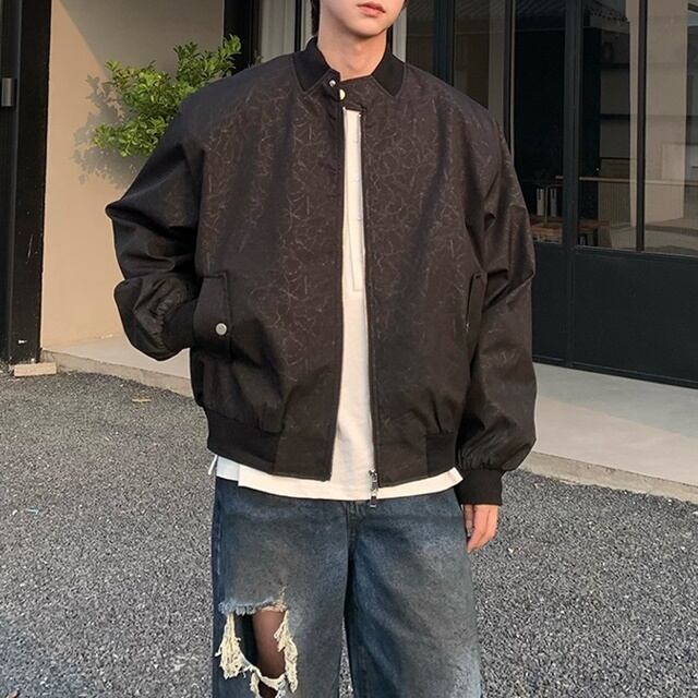 【予約販売】ジャケット ブルゾン メンズ アウター ジップアップ ブラック ベージュ シンプル ショルダーパッド ショート丈 メンズ レトロ クラシカル お洒落 こなれ感 シック トレンド 秋 春 M/L/XL