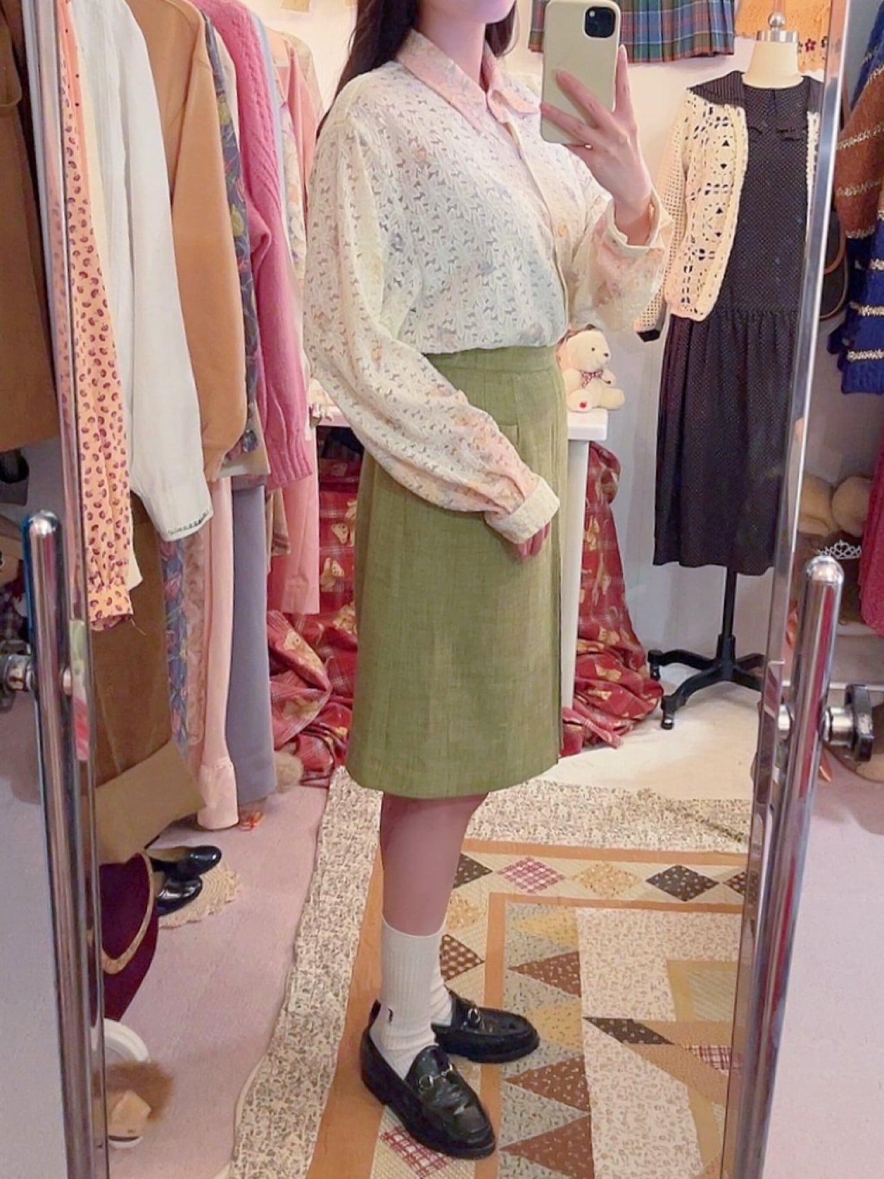 moss green tuck skirt