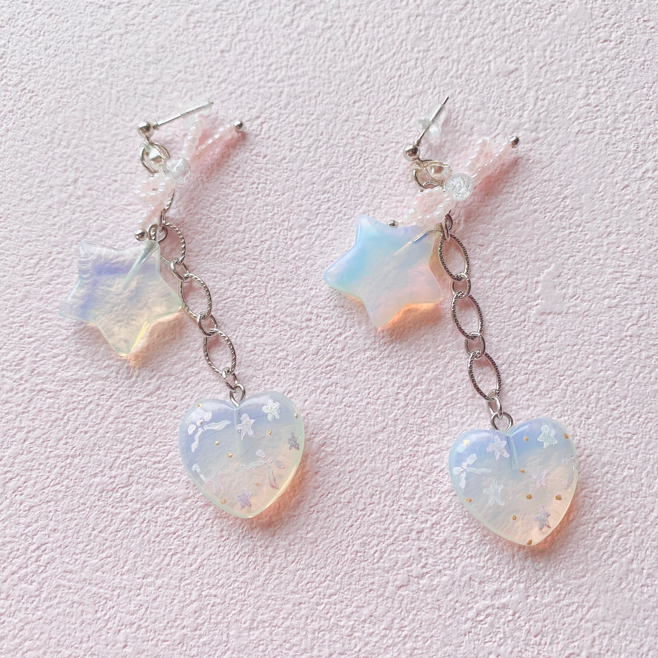 天然石×handpaint リボン・星・ハート　耳飾り