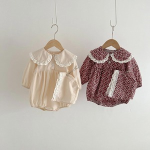 【秋作】帽子付き丸襟純色or花柄ロンパース　全2色