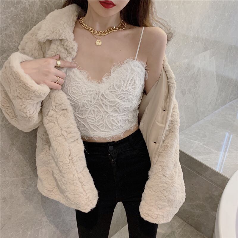 オータムウィンターショートスリムレースホワイトノースリーブトップス 秋物 冬物 ブラックストロベリース23486005871