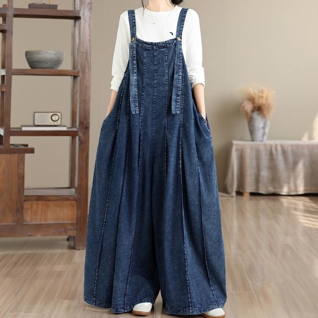 DENIM SUSPENDER LOOSE LONG LEG JUMPSUIT M-18015