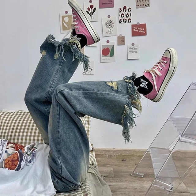 American retro girly fringe denim  wide leg pants plus size clothing 0496