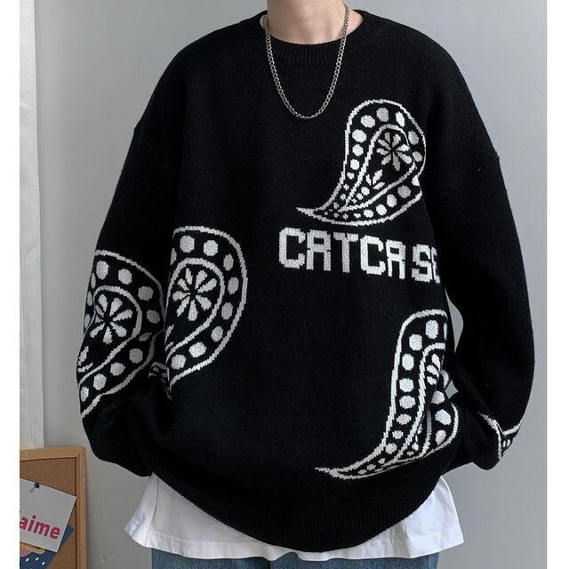 【予約販売】ニット ペイズリー柄 オーバーサイズ メンズ グリーン ホワイト ブラック セーター こなれ感 ストリート お洒落 韓国 トレンド 秋冬 M/L/XL/2XL/3XL