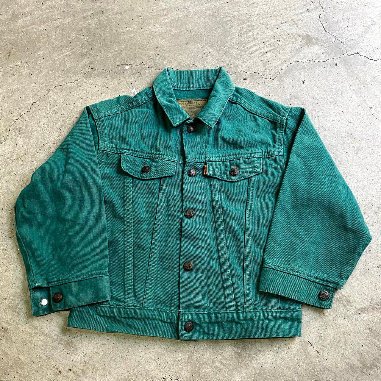 Kids 90年代 Usa製 Little Levi S リトル リーバイス 後染め カラー デニムジャケット 6歳 1 相当 古着 キッズ 子供服 90s ビンテージ ヴィンテージ トラッカージャケット グリーン 緑 デニムジャケット Ss21 30 Cave 古着屋 公式 古着通販サイト