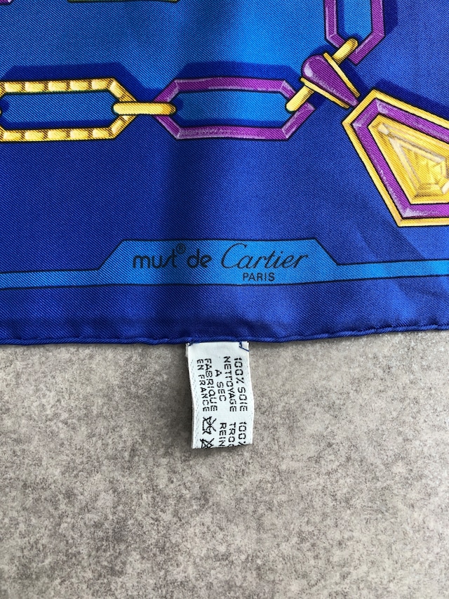 Cartier カルティエ スカーフ ブルー 宝石モチーフ シルク vintage ヴィンテージ オールド rit2hn