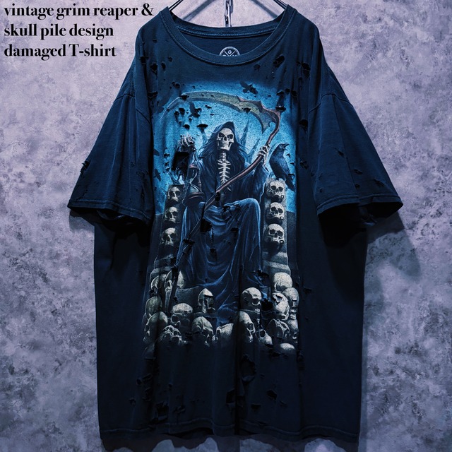 【doppio】vintage grim reaper & skull pile design damaged T-shirt